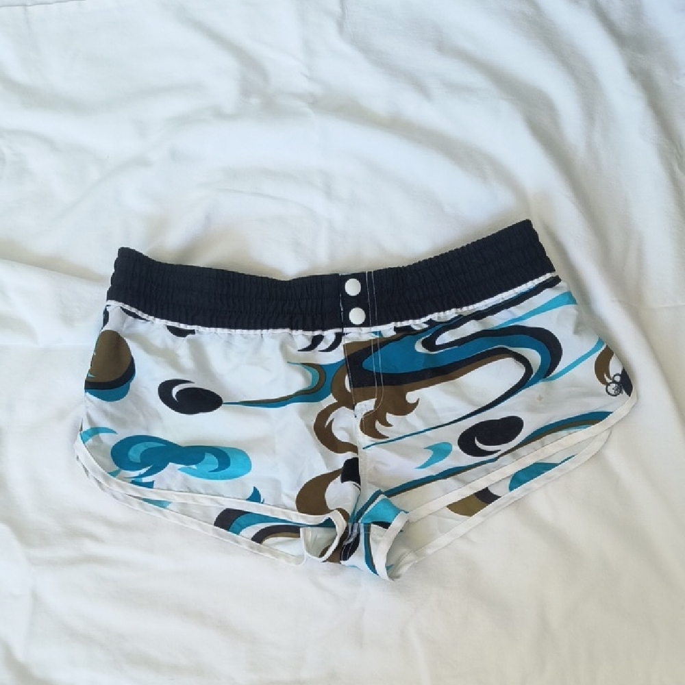 OP Women's Athletic Shorts with Black Waistband and Blue Swirl